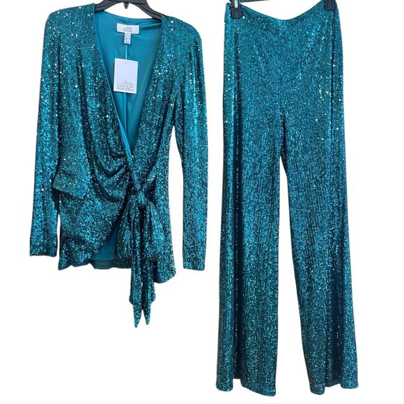 $398 Belle Badgley Mischka Sequin 2pc Suit Ivanna Wrap Top & Iris Pant Sz2 Green - Picture 5 of 11